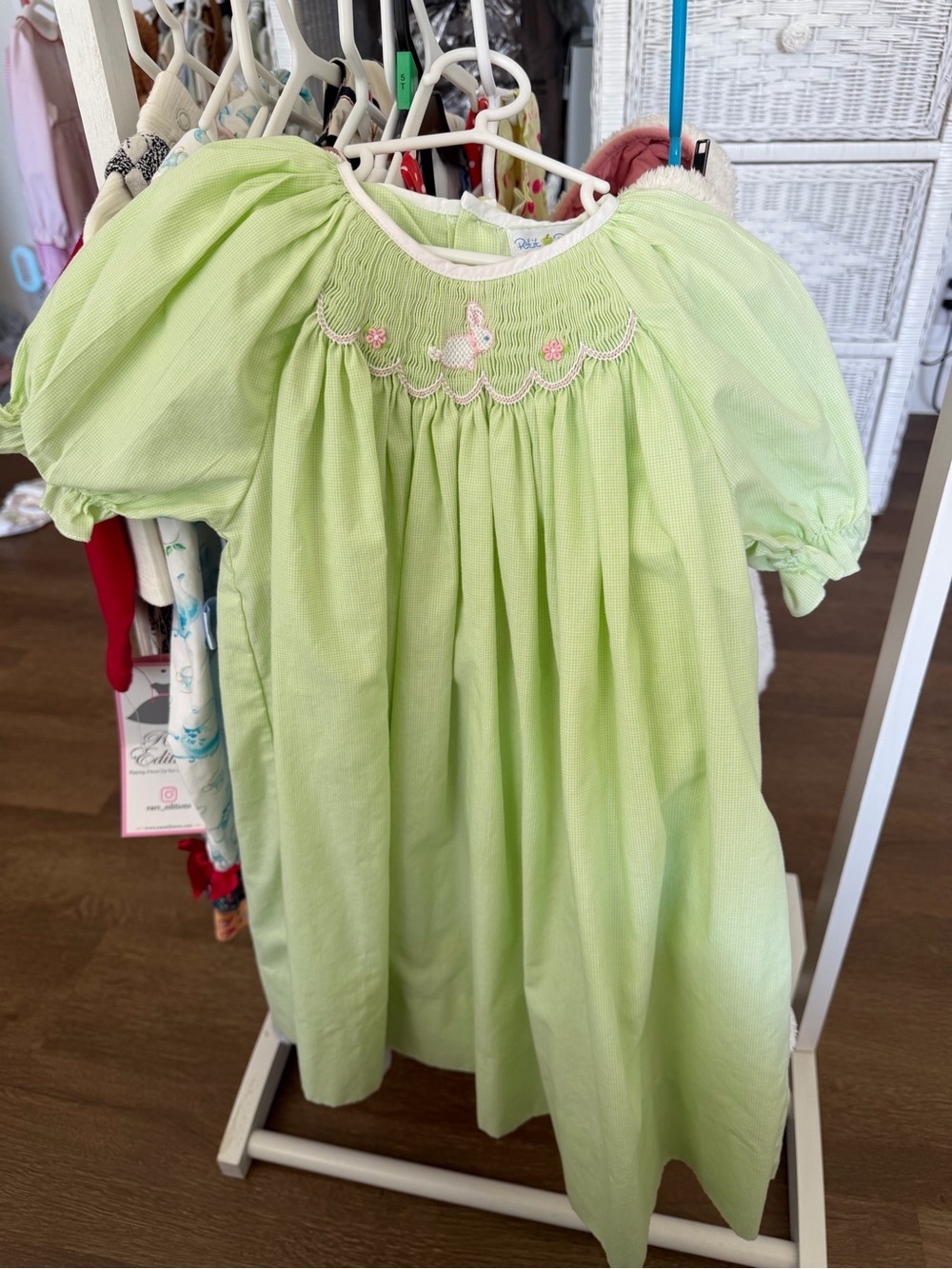 Petit Ami Light Green Smocked Bunny Dress